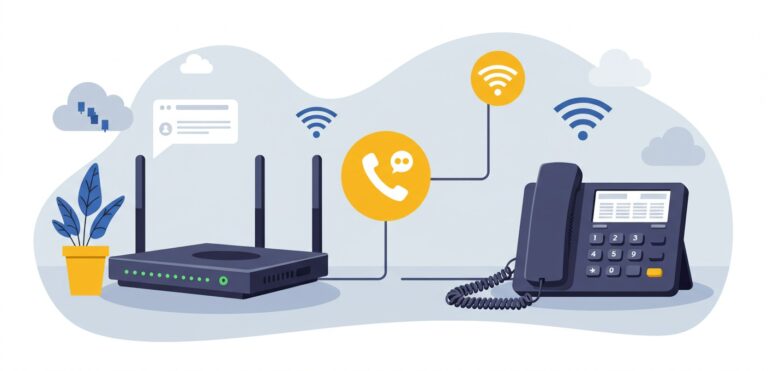 Illustration showing a business phone connected to a cloud system representing SIP trunking technology.