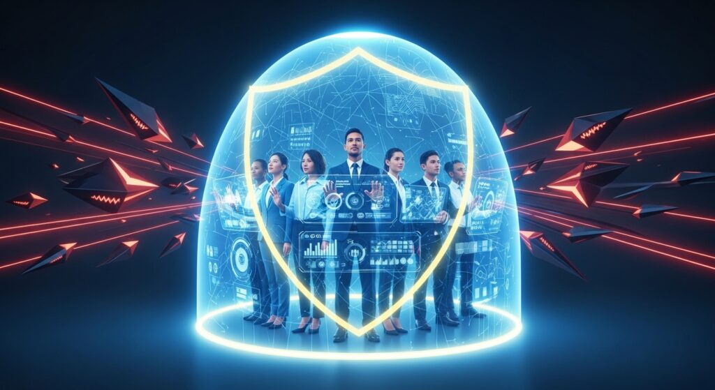 A group of office workers protected from Cyber Threats by Yellowcom Cyber Security Solutions