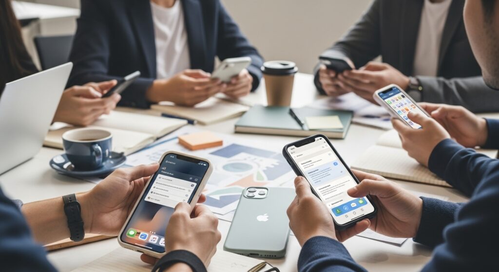 Team in an office reviewing phones and comparing the best business mobile deals for their business.