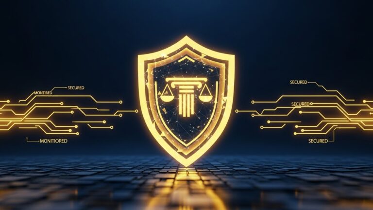 Abstract digital illustration featuring a geometric golden-yellow security shield protecting a stylized scale of justice, symbolizing proactive ransomware protection for law firms.