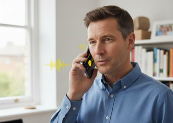 Business customer on phone using iPECS cloud system for missed call management