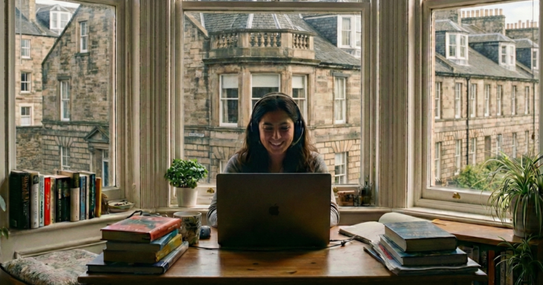 Hybrid working professional using business phone systems in Scotland to stay connected