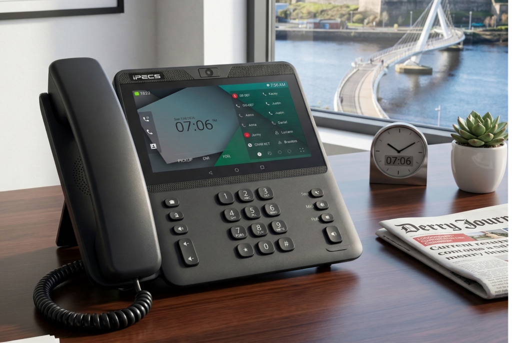 Modern business phone system on office desk used by businesses in Derry