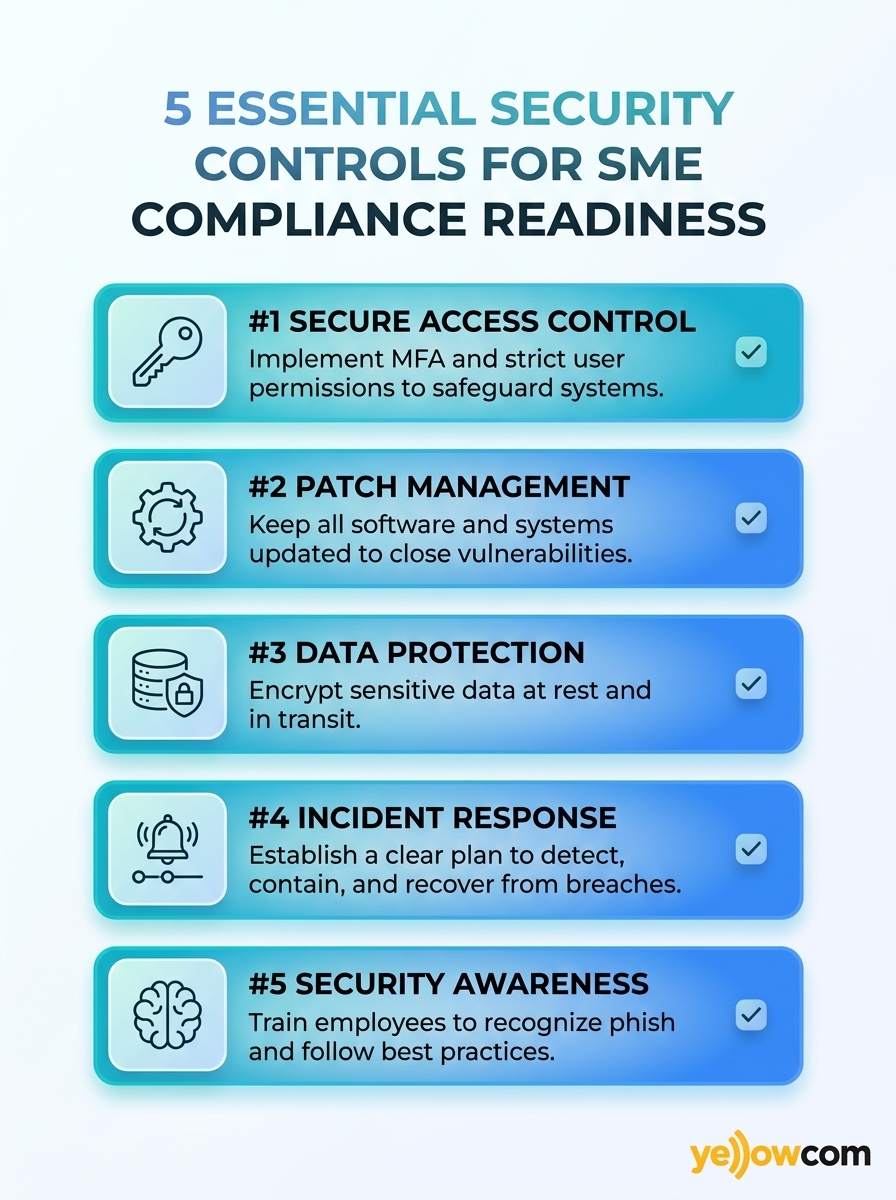 Infographic of 5 essential security controls for SME compliance readiness: governance, access control, and risk management.