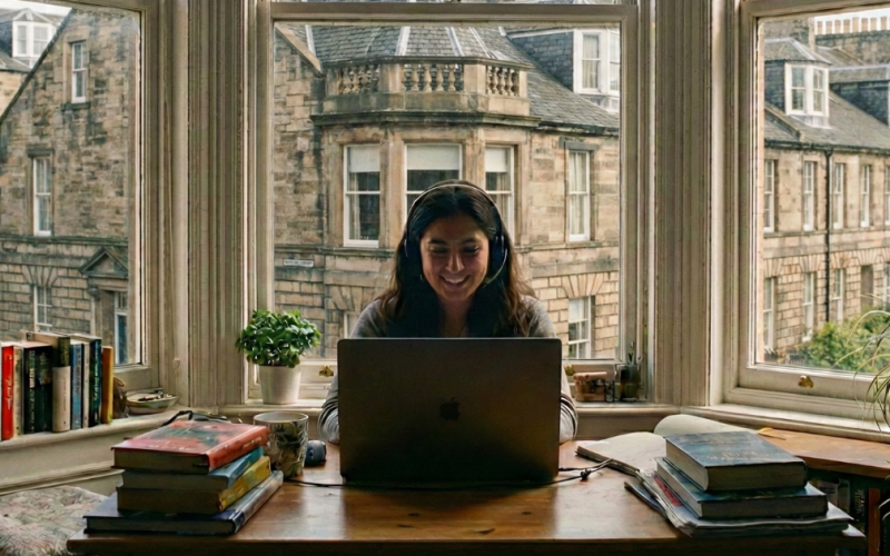 Hybrid working professional using business phone systems in Scotland to stay connected